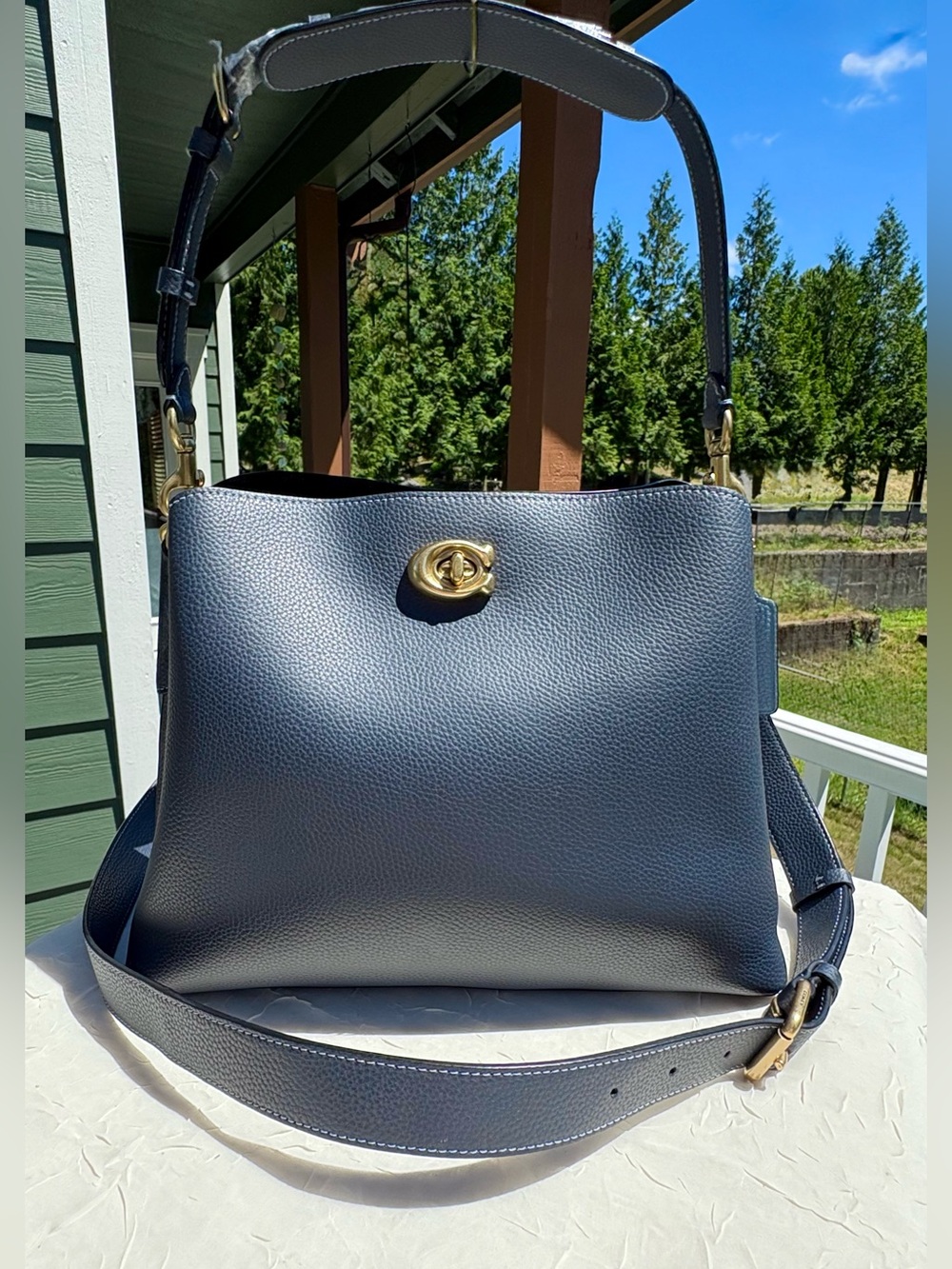 Coach Navy Pebbled Leather Shoulder Bag with Gold Turnlock